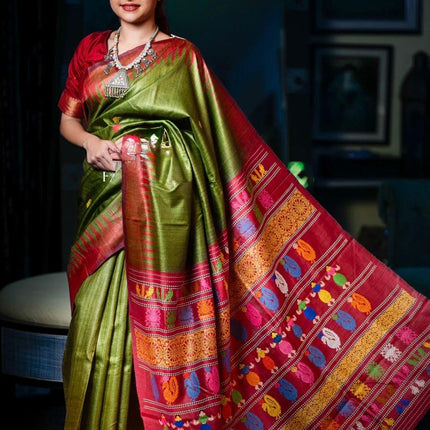 Authentic traditional Dolabedi saree in Mehendi green/Maroon Border|Silk Mark Certified
