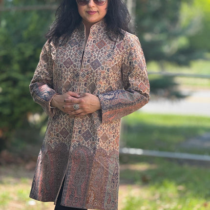 Luxury Kani/Jamawar Wool Ladies Jacket | woven Kashmir Artwear | Statement fashion wear | All season fashion|short length|sizes 44-50