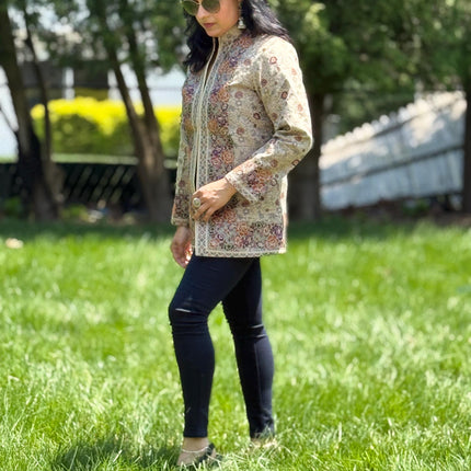 Luxury Kani/Jamawar women’s all season Jacket | woven with jari Artwear | Statement fashion wear | Kashmir Winter Dresses|short | size 46