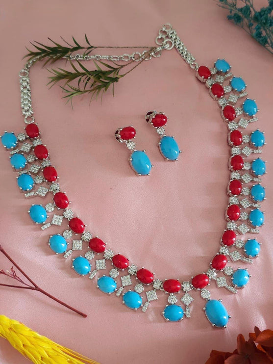 Real Royal Coral and Firozi Necklace Set | Made with High-quality semi-precious stones / wedding Collection
