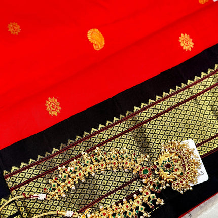 Authentic Paithani from Yeola | 100% handwoven Pure Silk saree |Red with Black border|Kadiyal Maharani|Silk Mark Certified