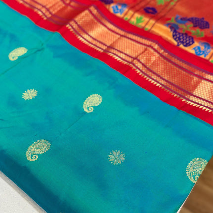 Authentic Paithani from Yeola | 100% handwoven Pure Silk saree |Rama with Red border|Kadiyal Maharani|Silk Mark Certified
