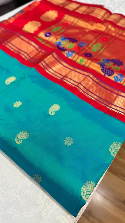 Authentic Paithani from Yeola | 100% handwoven Pure Silk saree |Rama with Red border|Kadiyal Maharani|Silk Mark Certified