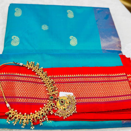 Authentic Paithani from Yeola | 100% handwoven Pure Silk saree |Rama with Red border|Kadiyal Maharani|Silk Mark Certified