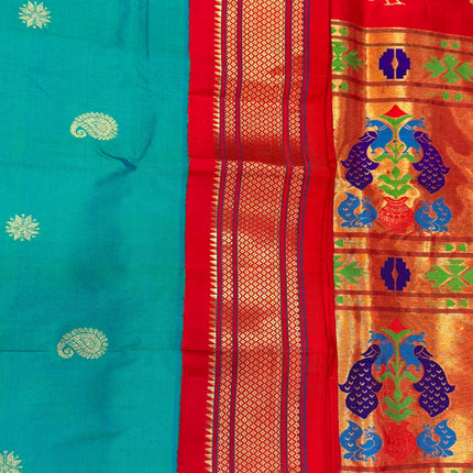Authentic Paithani from Yeola | 100% handwoven Pure Silk saree |Rama with Red border|Kadiyal Maharani|Silk Mark Certified