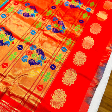 Authentic Paithani from Yeola | 100% handwoven Pure Silk saree |Rama with Red border|Kadiyal Maharani|Silk Mark Certified