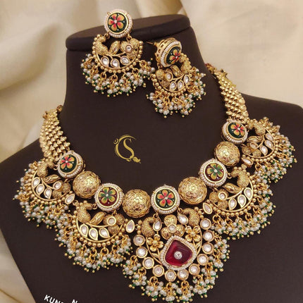 Green real beads! Pearls/Ruby/Kundan/ antique finish/Designer set/wedding collection