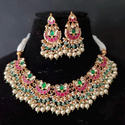 Real Royal Ruby and Emerald Jadau Handmade Necklace Set | Made with High-quality semi-precious stones / wedding Collection