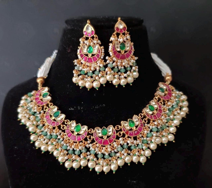 Real Royal Ruby and Emerald Jadau Handmade Necklace Set | Made with High-quality semi-precious stones / wedding Collection