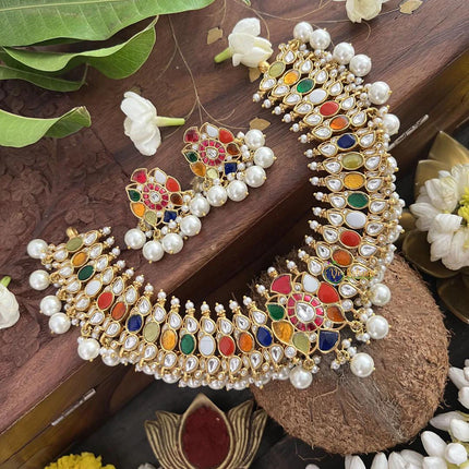 Real Royal semi precious Navratan Jadau Handmade Necklace Set | Made with High-quality semi-precious stones / wedding Collection