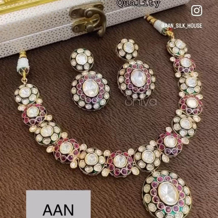 Real Royal Ruby and Green small mossonite/Pachi Kundan Handmade Necklace Set | Made with High-quality/wedding Collection