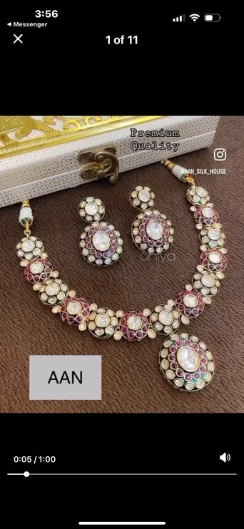 Real Royal Ruby and Green small mossonite/Pachi Kundan Handmade Necklace Set | Made with High-quality/wedding Collection