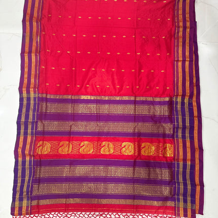 Special Sale !!!|Original Narayan Peth 100% pure silk Saree from Yeola - Red with Purple border|Fall Pico Tassels done