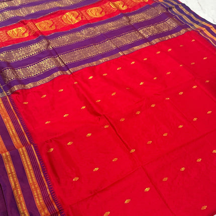 Special Sale !!!|Original Narayan Peth 100% pure silk Saree from Yeola - Red with Purple border|Fall Pico Tassels done