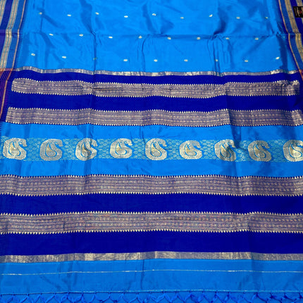 Special Sale !!!|Original Narayan Peth 100% pure silk Saree from Yeola - Light blue with Dark Blue border|Fall Pico Tassels done