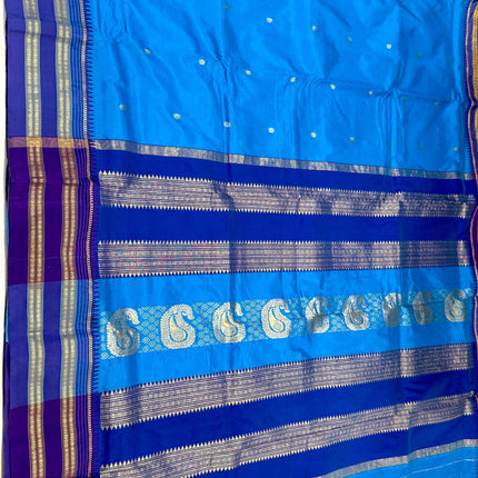 Special Sale !!!|Original Narayan Peth 100% pure silk Saree from Yeola - Light blue with Dark Blue border|Fall Pico Tassels done