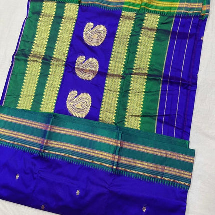 Special Sale !!!|Original Narayan Peth 100% pure silk Saree from Yeola - Royal Blue with Green border|Fall Pico Tassels done