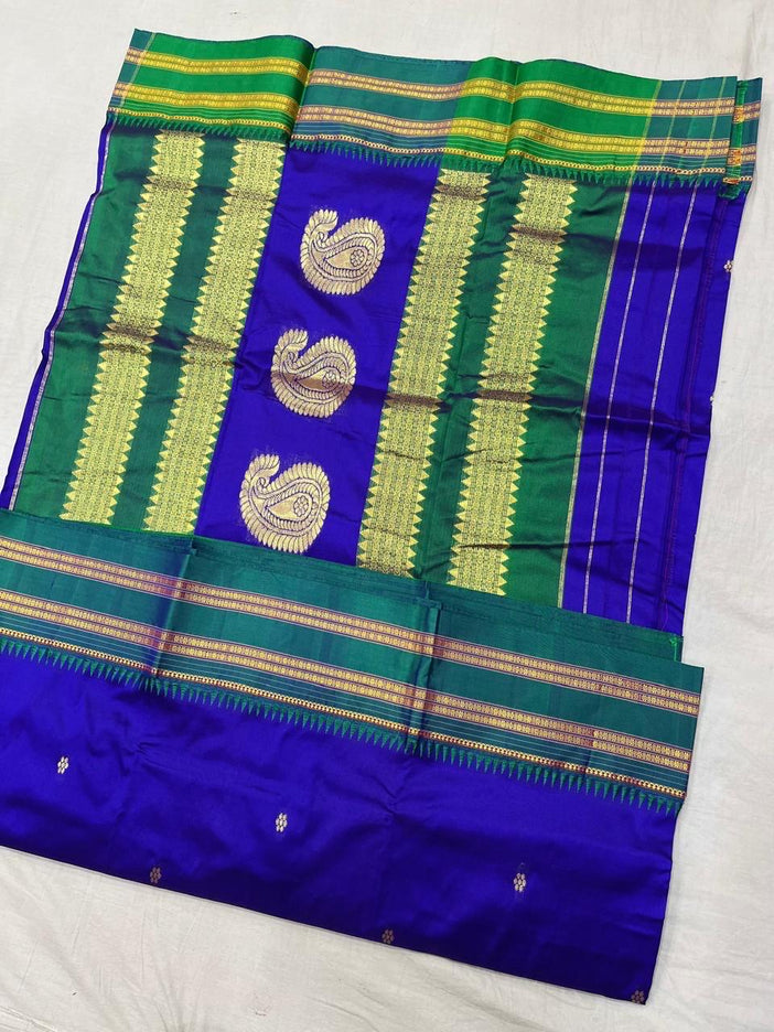Special Sale !!!|Original Narayan Peth 100% pure silk Saree from Yeola - Royal Blue with Green border|Fall Pico Tassels done