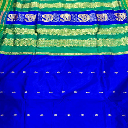 Special Sale !!!|Original Narayan Peth 100% pure silk Saree from Yeola - Royal Blue with Green border|Fall Pico Tassels done