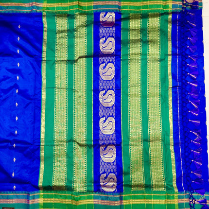 Special Sale !!!|Original Narayan Peth 100% pure silk Saree from Yeola - Royal Blue with Green border|Fall Pico Tassels done