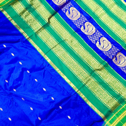 Special Sale !!!|Original Narayan Peth 100% pure silk Saree from Yeola - Royal Blue with Green border|Fall Pico Tassels done