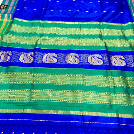 Special Sale !!!|Original Narayan Peth 100% pure silk Saree from Yeola - Royal Blue with Green border|Fall Pico Tassels done