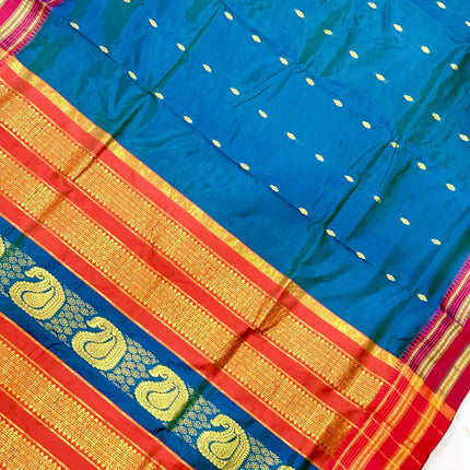 Special Sale !!!|Original Narayan Peth 100% pure silk Saree from Yeola - Deep Peacock blue with Rust border|Fall Pico Tassels done