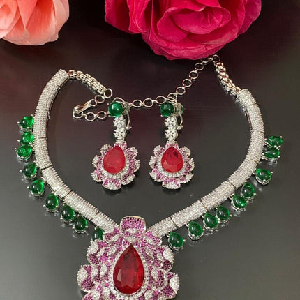 Real Royal Ruby/Green-Doublets/Moissanite/ Nano setting/ Necklace Set | Made with High-quality Designer set / Bridal Collection