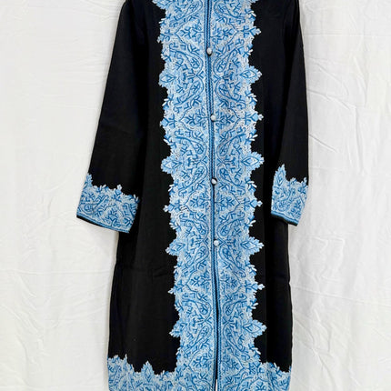 Luxury aari - hand sozni pashmina Jacket | hand woven Kashmir Artwear |Statement fashion wear |knee length| Ink Blue |size 46