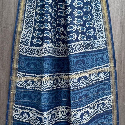 Handloom Maheshwari Pure Cotton silk saree with Bagru Hand Block Printed /handloom weaving all over the saree | paired with blouse piece |