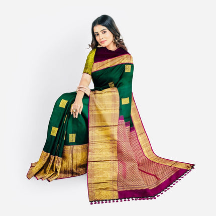 Green color Pure Silk Kanjivaram Saree With Motifs Pattern | SILK MARK CERTIFIED