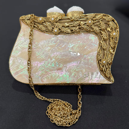 Luxury Marble & Gold Clutch | Elegant Mother of Pearl Handbag | Unique Statement Evening Bag with Chain