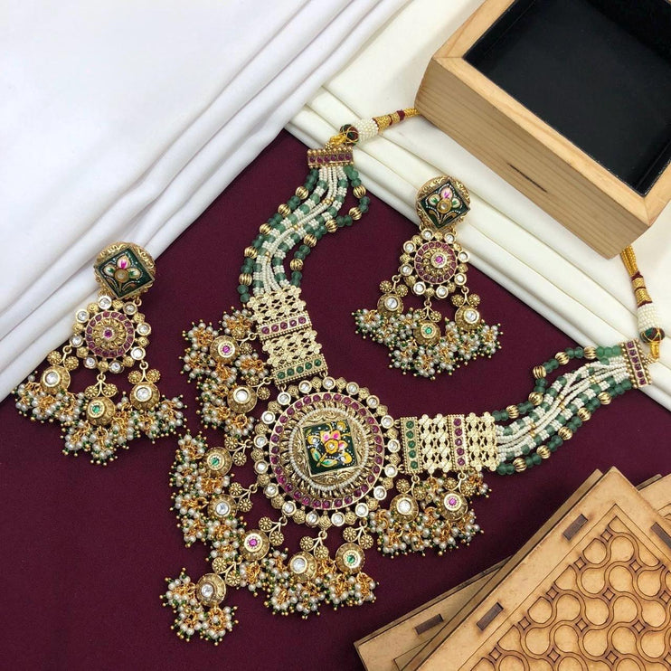 Green real beads! Pearls/Ruby/Kundan/ antique finish/Designer set/wedding collection