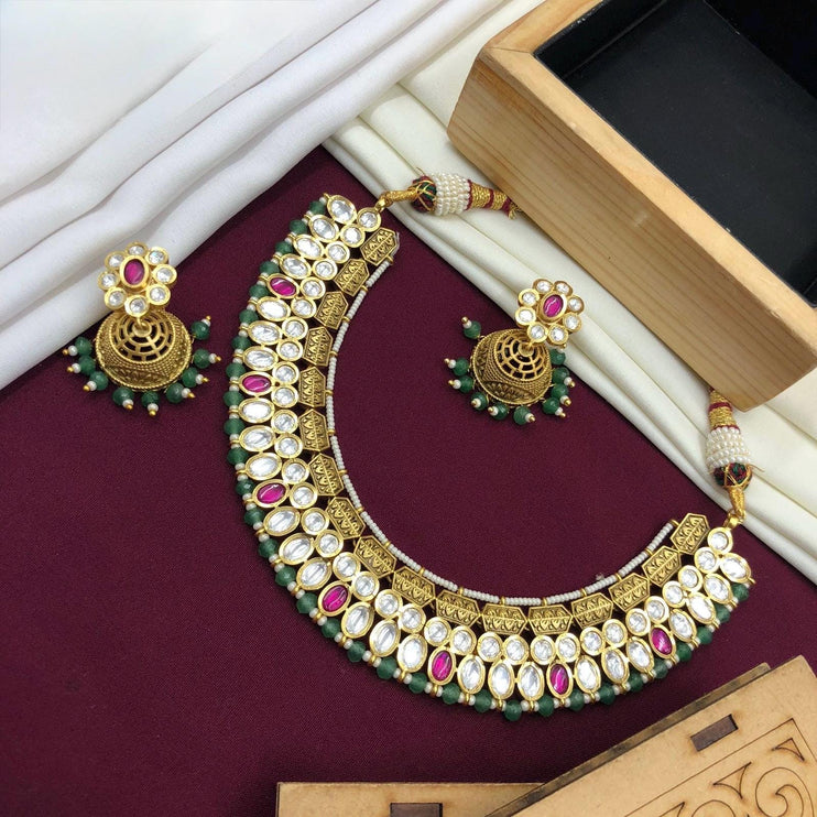Handmade Royal Ruby & Kundan Necklace Set | Silver Finish