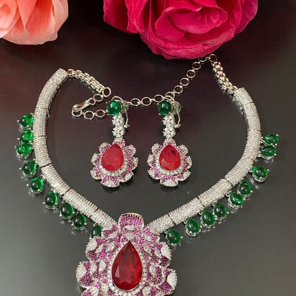 Ruby Green Doublet Necklace Set | Silver Inspired Bridal Jewelry