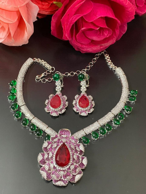 Ruby Green Doublet Necklace Set | Silver Inspired Bridal Jewelry