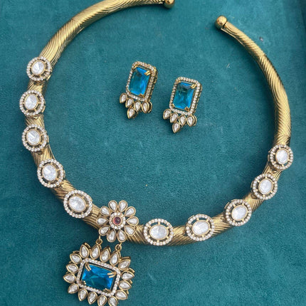Royal Pachi Kundan Hasali Set | Teal Blue Stone Bridal Jewelry
