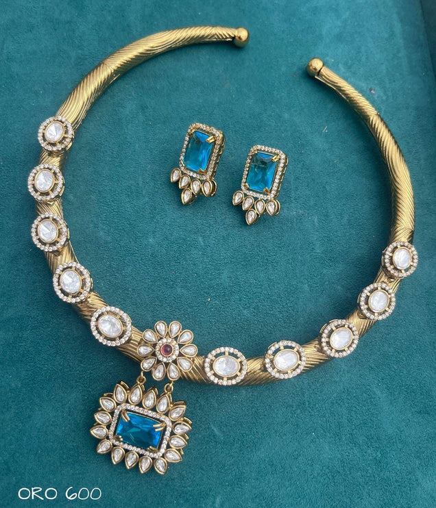 Royal Pachi Kundan Hasali Set | Teal Blue Stone Bridal Jewelry