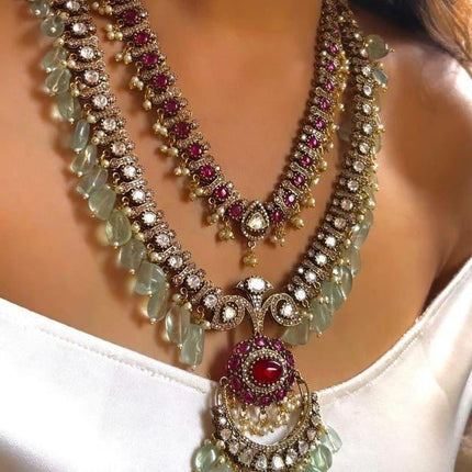 Royal Kundan Necklace Set - Ruby, Diamond, and Mint Bead Bridal Jewelry