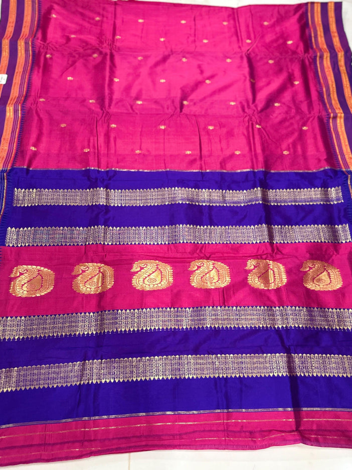 Magenta Pink Narayan Peth Silk Saree | Purple Border, Rich Pallu