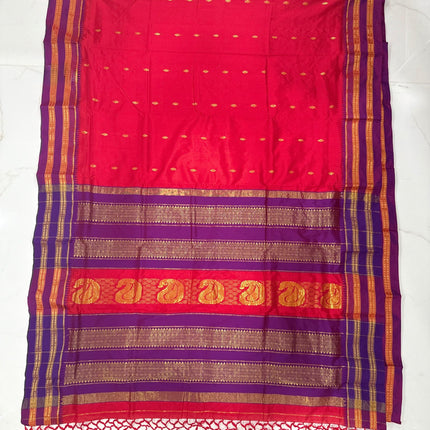 Yeola Narayan Peth Silk Saree | Red with Purple Border, Hand Pico Tassels