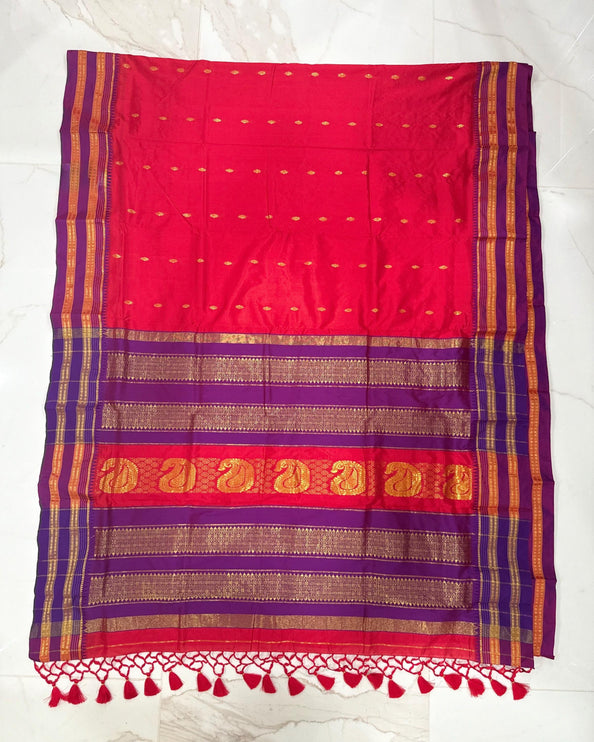 Yeola Narayan Peth Silk Saree | Red with Purple Border, Hand Pico Tassels