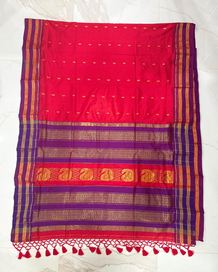 Yeola Narayan Peth Silk Saree | Red with Purple Border, Hand Pico Tassels