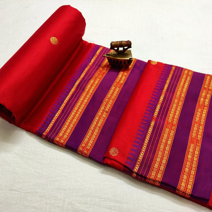 Yeola Narayan Peth Silk Saree | Red with Purple Border, Hand Pico Tassels