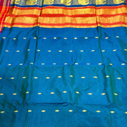 Peacock Blue Narayan Peth Silk Saree | Rust Border, Tassels