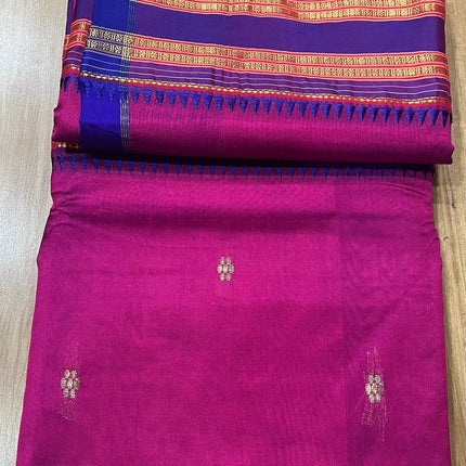 Pure Silk Narayan Peth Saree | Rani Pink, Dark Purple Border (Unstitched Blouse)