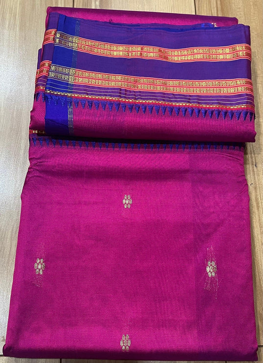Pure Silk Narayan Peth Saree | Rani Pink, Dark Purple Border (Unstitched Blouse)