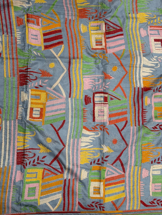 Hand Stitched Kantha Silk Saree | Multi Thread Kantha stitching | Village Art Work allover |