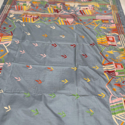 Hand Stitched Kantha Silk Saree | Multi Thread Kantha stitching | Village Art Work allover |