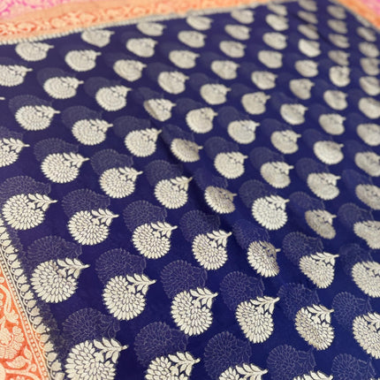 Banarasi Khaddi Georgette Saree: 3D Zari Butta, Deep Blue & Pink